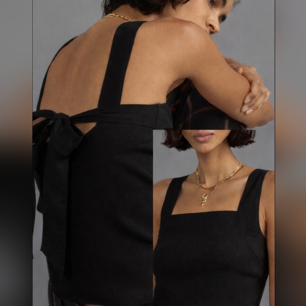 Maeve Black Tie Back Tank Top Square Neck Open Back Sleeveless Minimalist XL